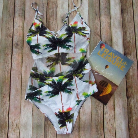 Other - One Piece Palm Tree Sheer Mid Section Swim Suit L